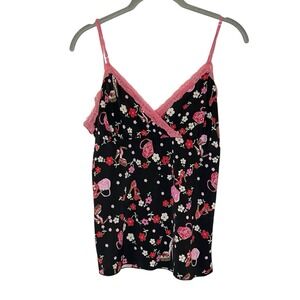 Fang Glam Y2k Vintage 90s Floral High Heel Shoe Print Lace Trim Stretch Cami Top
